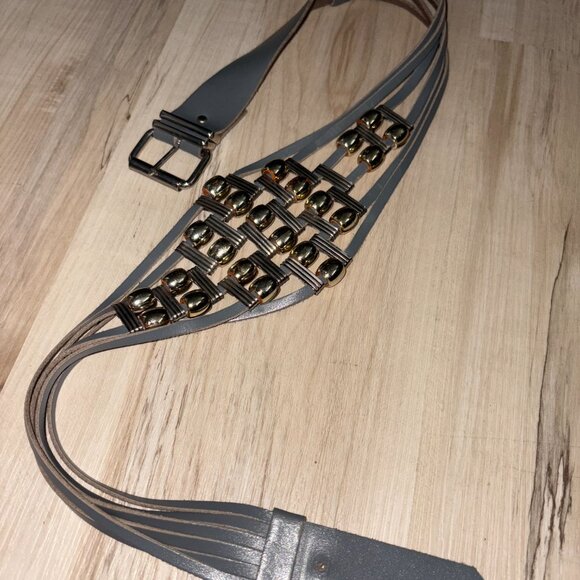 Vintage Grey Genuine Leather Beaded Belt Waist 28" - Picture 3 of 5